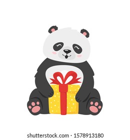 Kawaii panda holding present box. Cute asian animal with christmas gift in wrappage. Chinese wildlife cartoon character. Oriental bear with festive package. New year themed flat vector illustration