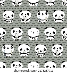 Kawaii panda kids dental health care vector educational seamless pattern background. Cute cartoon bears with toothbrush, toothe paste, brushing teeth. With chevrons. Teddy bears gender neutral colors.