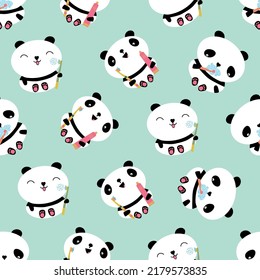 Kawaii panda kids dental health care vector educational seamless pattern background. Cute cartoon bears with toothbrush, toothe paste, brushing teeth. Teddy bears and in gender neutral colors.