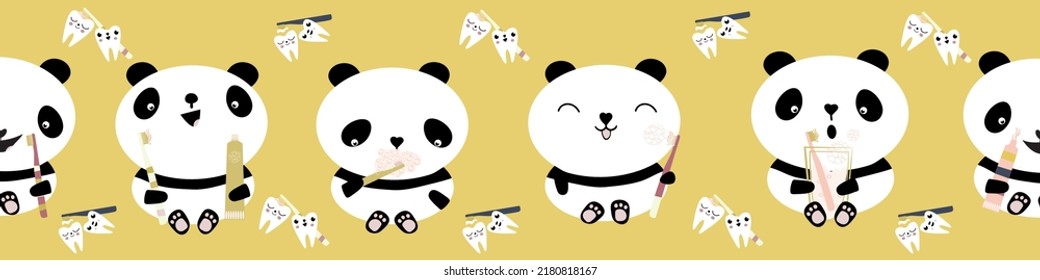 Kawaii panda kids dental health care vector educational seamless border. Banner with cute cartoon bears and toothbrush, tooth paste, brushing teeth. Teddy bears design for trim, edging, ribbon, web