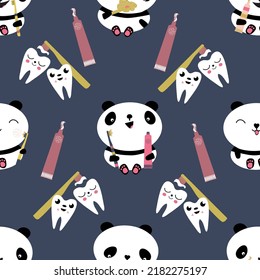 Kawaii panda kids dental health care vector educational seamless pattern background. Cute cartoon bears with toothbrush, tooth paste, brushing teeth. Teddy bears and teeth in gender neutral colors.