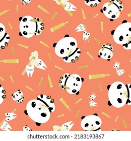 Kawaii panda kids dental health care vector educational seamless pattern background. Cute cartoon bears with toothbrush, tooth paste, brushing teeth. Teddy bears and teeth in gender neutral colors.