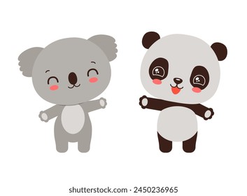 Kawaii panda and koala cute animals. Anime chibi cartoon animal characters. Adorable chinese panda bear and koala australian bear smiling waving. Baby children vector illustration flat design. svg
