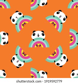 Kawaii panda arco iris sin costuras fondo de patrón vectorial. Fondo con adorables caricaturas en blanco y negro que se sientan sosteniendo los arcos de lluvia. Animales riéndose y sonriendo. Verano por todas partes impreso para niños