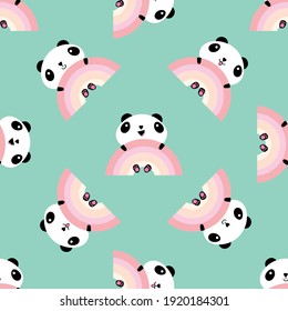 Kawaii panda rainbow seamless vector pattern background. Backdrop with cute black and white sitting cartoon bears holding on to pastel rainbows. Laughing and smiling animals. All over print for kids