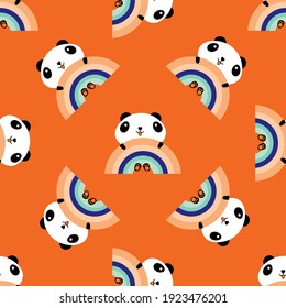 Kawaii panda rainbow seamless vector pattern background. Cute black and white sitting cartoon bears holding on to rainbows on orange backdrop. Laughing and smiling animals. All over print for kids