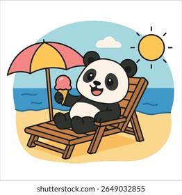 Kawaii panda relaxing on the beach under an umbrella, enjoying an ice cream on a sunny day. This fun and cheerful illustration is perfect for summer projects, bringing joy, warmth, and relaxation
