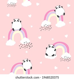 Kawaii Panda seamless pattern background, happy cute panda flying in the sky between the clouds on a rainbow with hearts. Vector illustration for kids background with dots of rain. Wallpapers.