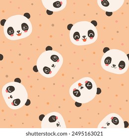 Kawaii panda seamless pattern. Cute animal head chibi face panda bear repeat design for kids textile fabric or paper print. Trendy peach fuzz color background.