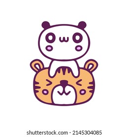 Kawaii panda and tiger, illustration for t-shirt, sticker, or apparel merchandise. With doodle, retro, and cartoon style.
