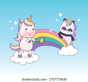 kawaii panda and unicorn rainbow star cartoon magical fantasy vector illustration