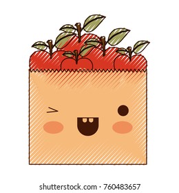 kawaii paper bag with apple fruits in colored crayon silhouette