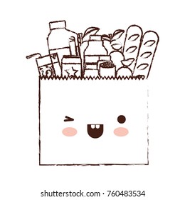 kawaii paper bag with market of food and drinks in brown blurred silhouette