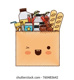 kawaii paper bag with market of food and drinks in colored crayon silhouette