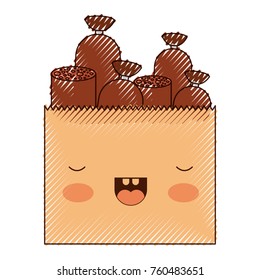 kawaii paper bag with pieces of sausages in colored crayon silhouette