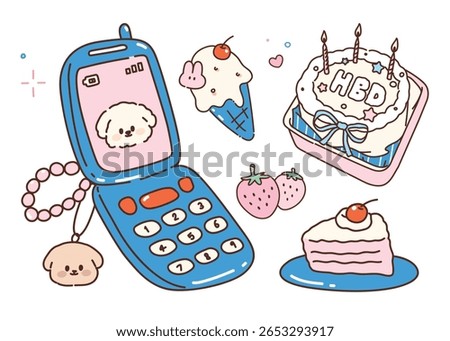 Kawaii Party Elements Flip Phone, Cake, Phone, and Ice Cream. isolated on white background.