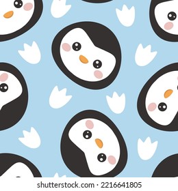 Kawaii pastel blue penguin face with footprint texture, cute kids winter colorful wrapping paper, fabric and textile print.