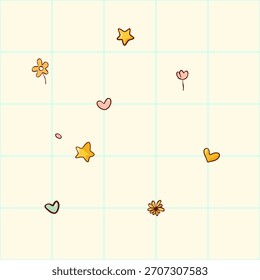 Fondo de rejilla pastel kawaii con lindos Elementos Doodle