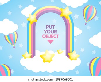 Kawaii Pastel Rainbow Arch On White Fluffy Cloud And Blue Sky With Cute Stars And Air Balloon Element Illustration Vector