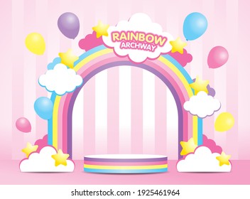 arcos kawaii de arcoíris pastel y rainbow de visualización a rayas podio 3d ilustración vector con nubes y estrellas lindas y elementos de globos sobre fondo giradamente rosa.