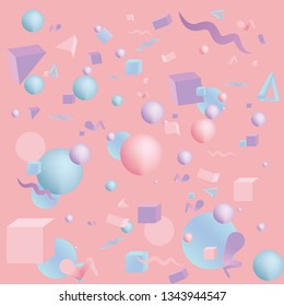 Kawaii pattern of 3d figures realistic primitives composition  with flying objects and  shapes in motion isolated on blue background. Material design for web and print futuristic decoration 