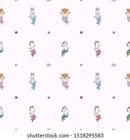 Kawaii pattern with animal mermaids, shells, corals, pearls, fish and diamonds on light pink background. Vector 8 EPS.
