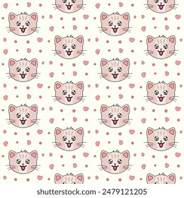 Kawaii pattern for cat day. Cute cat with stars and hearts