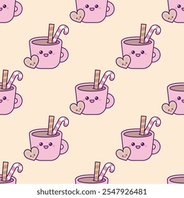 Kawaii pattern with a cup of cocoa and cookies