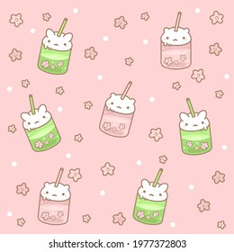 Kawaii pattern with cute drinks and sakura on pink background
