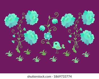 Kawaii pattern with a cute little bird and huge magic flowers on a purple background. Print for cosmetic bags, bags, baby fabrics.
