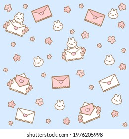 Kawaii pattern with envelope, rabbit, hearts and flowers on a blue background
