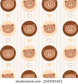 A kawaii pattern featuring cute bear faces and heart accents in a neutral color scheme. Kawaii bear head pattern with love elements on beige background.