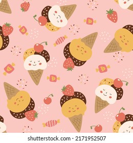 Kawaii pattern, kawaii food ice cream cone seamless pattern. Pink pattern, summer sweet background. Cute smiling ice creams, strawberry, cherry, candies wallpaper textile design. Vector illustration.