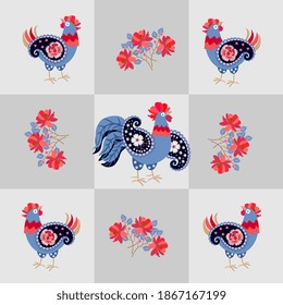 Kawaii pattern with funny roosters and hens with wings in the form of paisley and bouquets of red garden flowers. Print for fabric, ceramic tiles, hot coasters. Design elements in folk style.