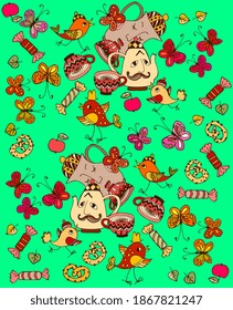 Kawaii pattern for home textiles: funny teapot and jug, amazing birds, as well as butterflies, tea cups, sweets and fruits on a cheerful green background.