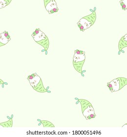 
Kawaii pattern. Illustration of happy kittens with mermaid tails on a light green background. Vector 8 EPS.