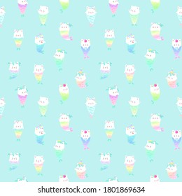 Kawaii pattern. Illustration of white kittens with multicolored mermaid tails on a mint background. Vector 10 EPS.