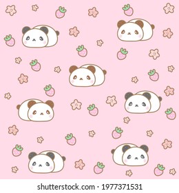 Kawaii pattern with panda, sakura and strawberries on a pink background.
