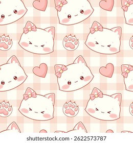 Padrão de Kawaii com xadrez rosa e gatinho branco bonito, patas e coração. Padrão uniforme em estilo japonês. Padrão imprimível de vetor