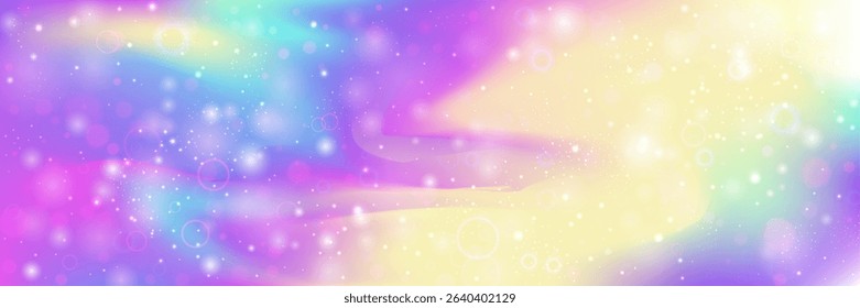 Kawaii Pattern. Pink Rainbow Hologram And Beautiful Magic Gradient. Purple Unicorn Background. Fantasy Cartoon Dream With Shiny Holographic Star Design. Blue Kawaii Pattern.