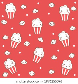 Kawaii pattern with popcorn on a red background.

