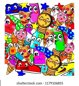 Kawaii pattern in sticker bombing style. Cool colourful stickers with faces.