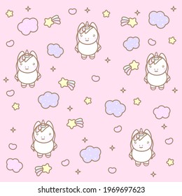 Patrón kawaii con unicornio, nubes y estrellas en un fondo rosado.
