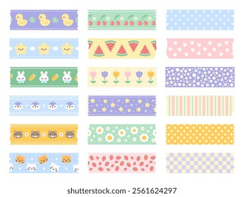 Kawaii patterned tapes. Washi paper lines, decorative sticky ripped pieces, journal cute abstract decoration, girls diary design, cute scrapbooking stationery element, vector cartoon flat set