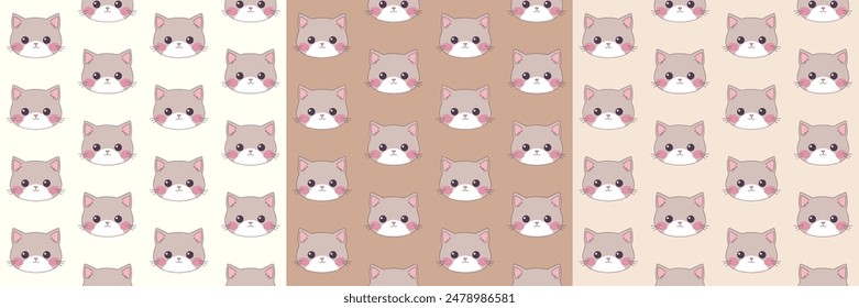 Kawaii patterns for cat day. Cute cat faces pattern. Cat seamless pattern.