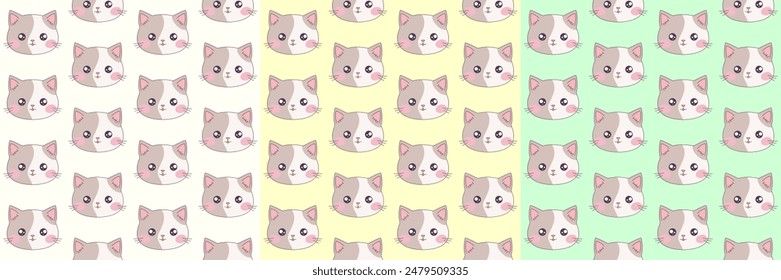 Kawaii patterns for cat day. Cute cat faces pattern. Cat seamless pattern.