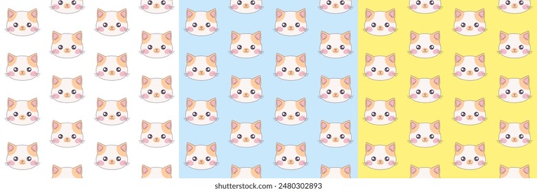 Kawaii patterns for cat day. Cute cat faces pattern. Cat seamless pattern.
