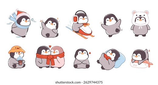 Personagem de pinguim kawaii. Passarinho fofo bonito, animais do norte, mascote engraçado, emoções diferentes, atividades e poses, casal romântico, desenho animado plano isolado tidy vetor set