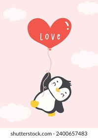 kawaii penguin holding heart balloons cartoon, cute Valentine animal character illustration, playful hand drawn festive love graphic.