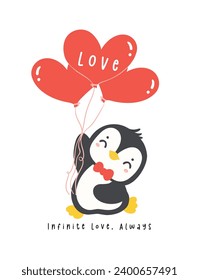 kawaii penguin holding heart balloons cartoon, cute Valentine animal character illustration, playful hand drawn festive love graphic.